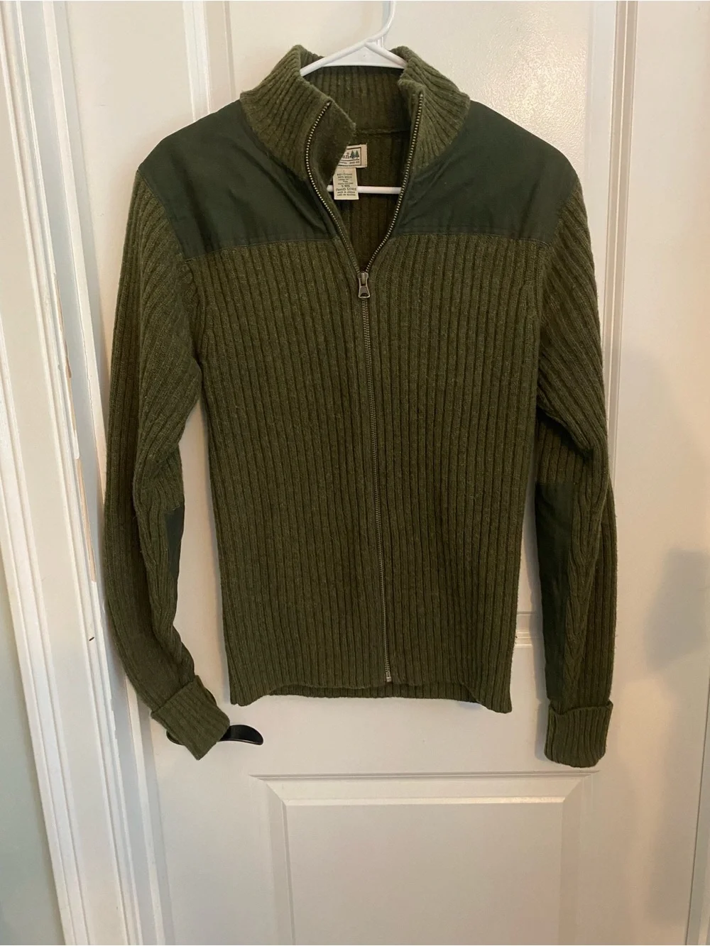 LL Bean Commando Olive Green Knit Zip-Up Lambswool Sweater Jacket